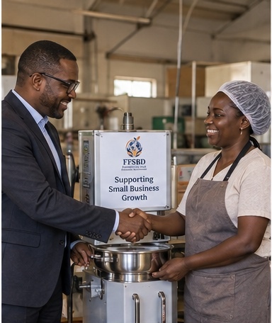 FFSBD staff handing over grant-funded equipment to a small business owner