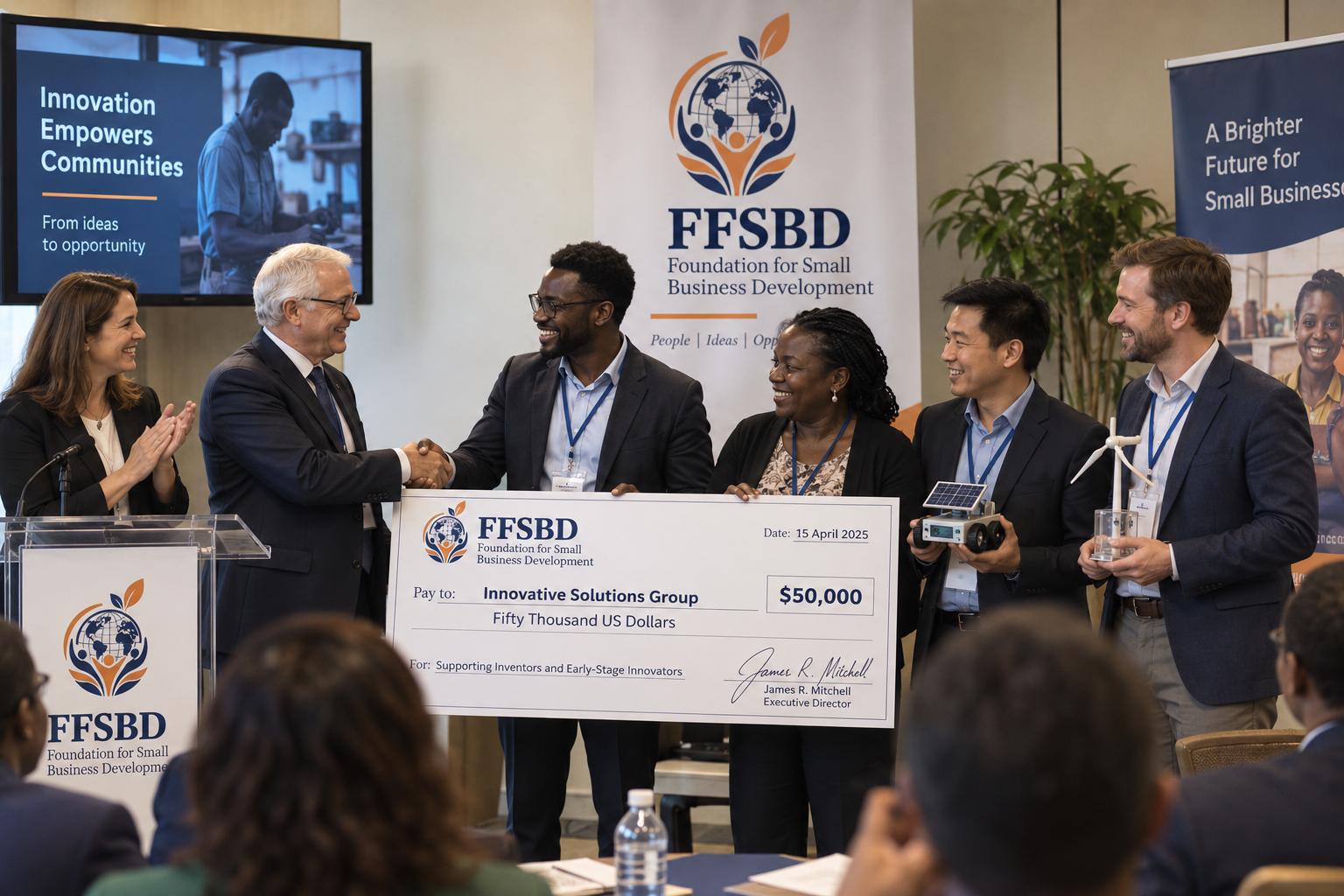 FFSBD members presenting a grant check to entrepreneurs at a program event
