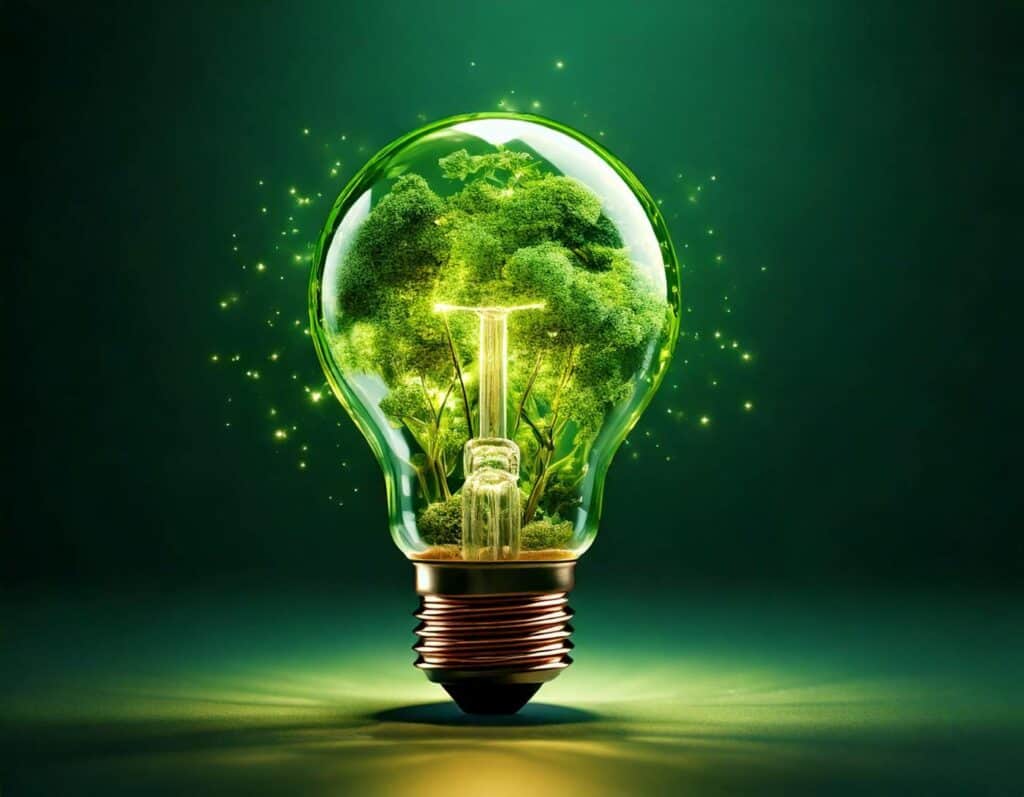 Green light bulb with a fiorest inside symbolizing smart and sustainable resource use - IHSE.